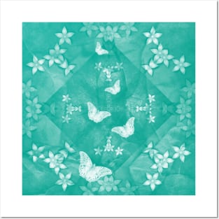 butterflies and flowers on a textured teal mandala Posters and Art